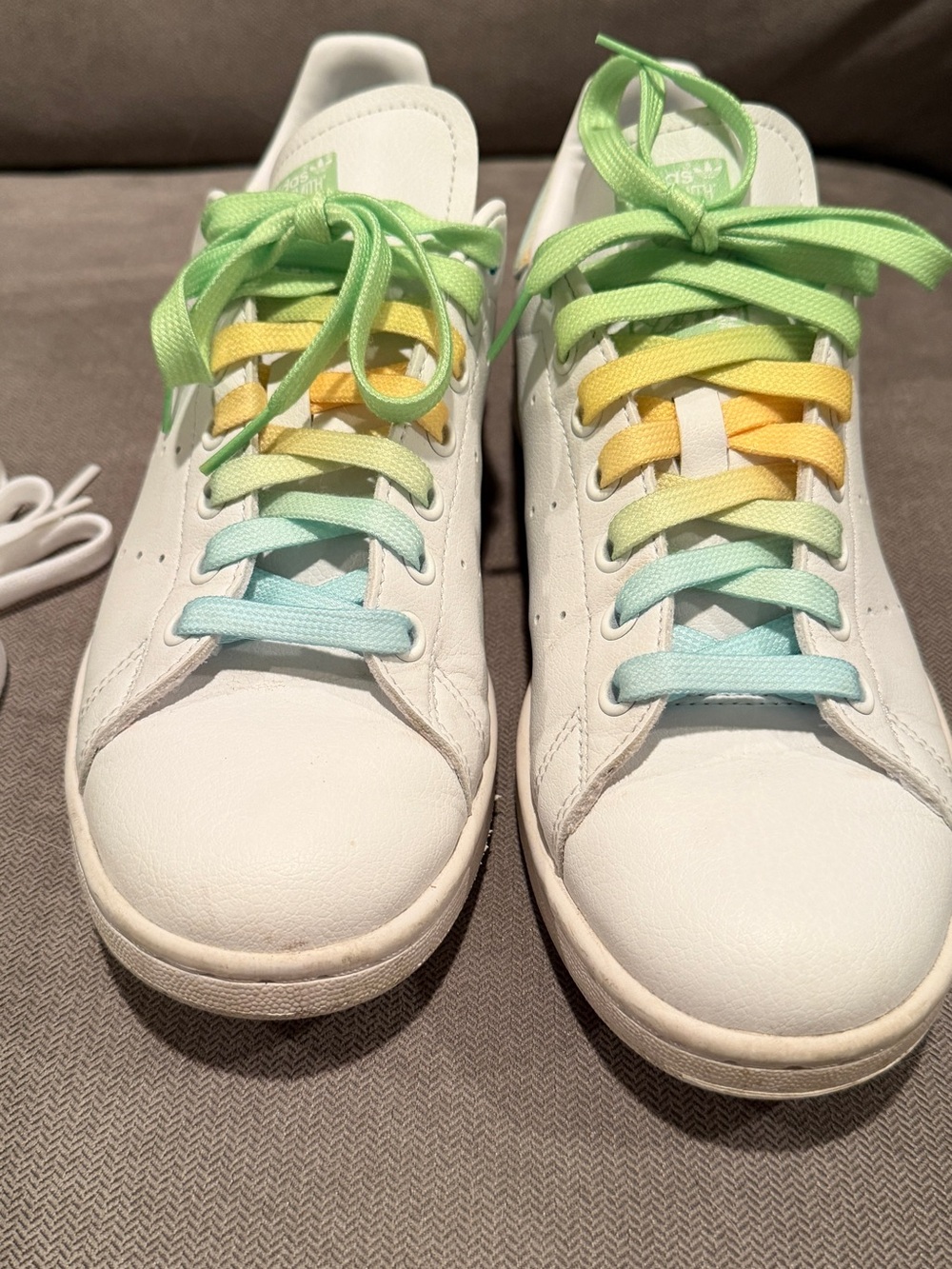 Stan Smith Adidas Tinkerbell White Sneakers with Pastel Rainbow Laces